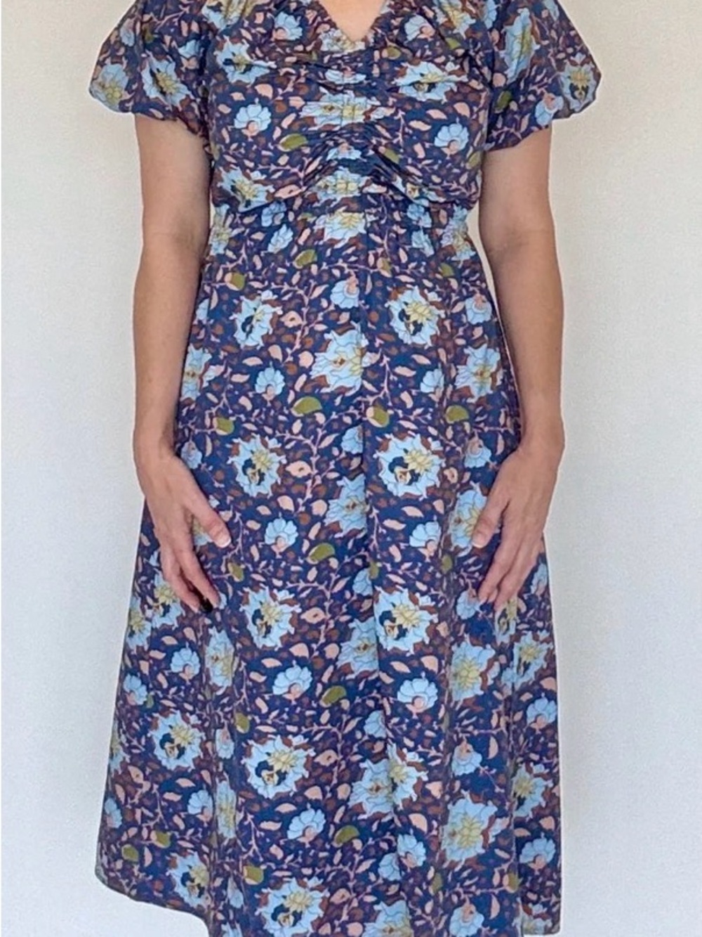meraki Navy Floral Midi Dress with Light Blue & Pink Accents